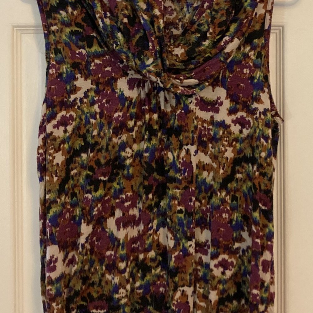 purple, blue and beige cowl neck sleeveless shirt